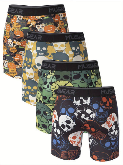 4pcs MUSWEAR Men's Boxer Briefs, Halloween Skull Print, Moisture-Wicking, Quick-Dry, Side-Opening, Long Length, Stretch Polyester with Spandex, Casual Sportswear Underwear