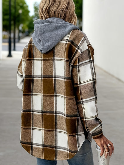 Women's Black and White Checkered Hooded Shirt Jacket, a Popular Warm Outfit for Autumn and Winter. Perfect for Casual and Layered Looks, Autumn/winter Women's Clothing | Women's Apparel, Local Warehouse Discount