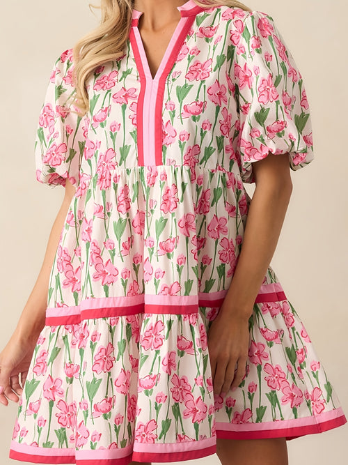 Women'S Summer Floral Mini Dress, Puff Sleeve Short Sleeve V-Neck Loose Bohemian Style Beach Dress, Floral Print