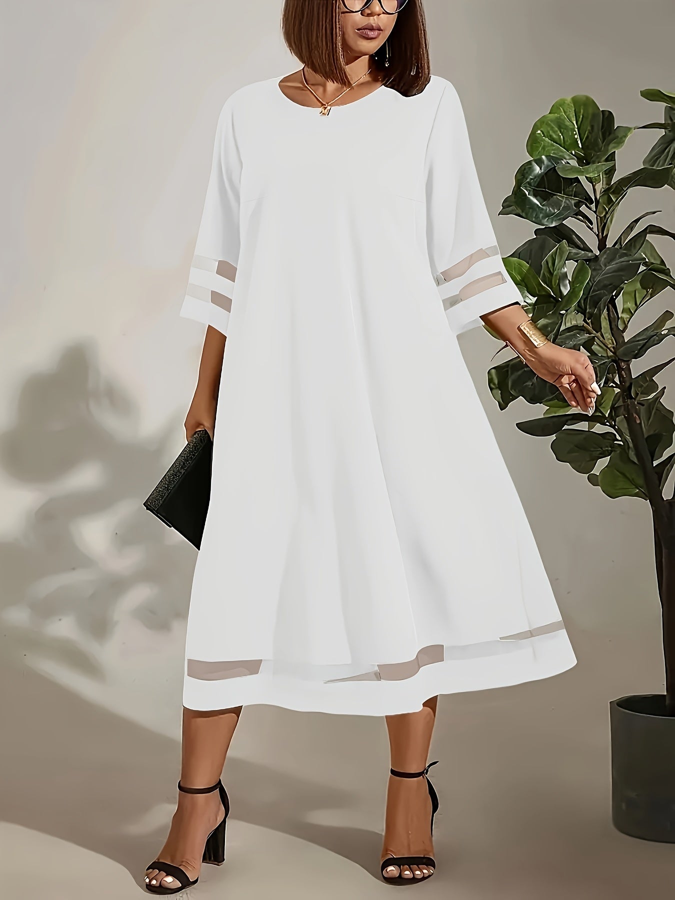 Plus Size, Plus Size Women's Elegant Casual Chic Dress - Breathable Mesh Inserts, Garden Neckline & 3/4 Sleeves, Fitted Solid Color Design for Spring Summer Autumn, Machine Washable, Dress Blouses Elegant, Seasonal Fashion, Flowy Fabric