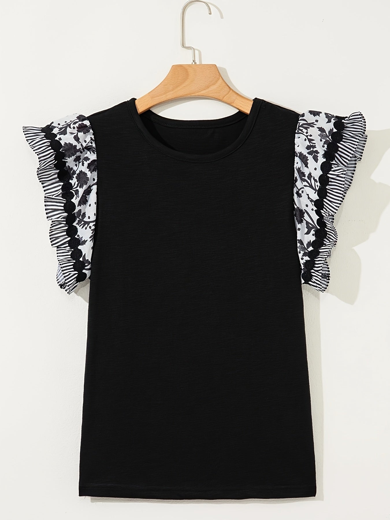 Blue Ricrac Trim Printed Flutter Sleeve Contrast Patchwork Blouse