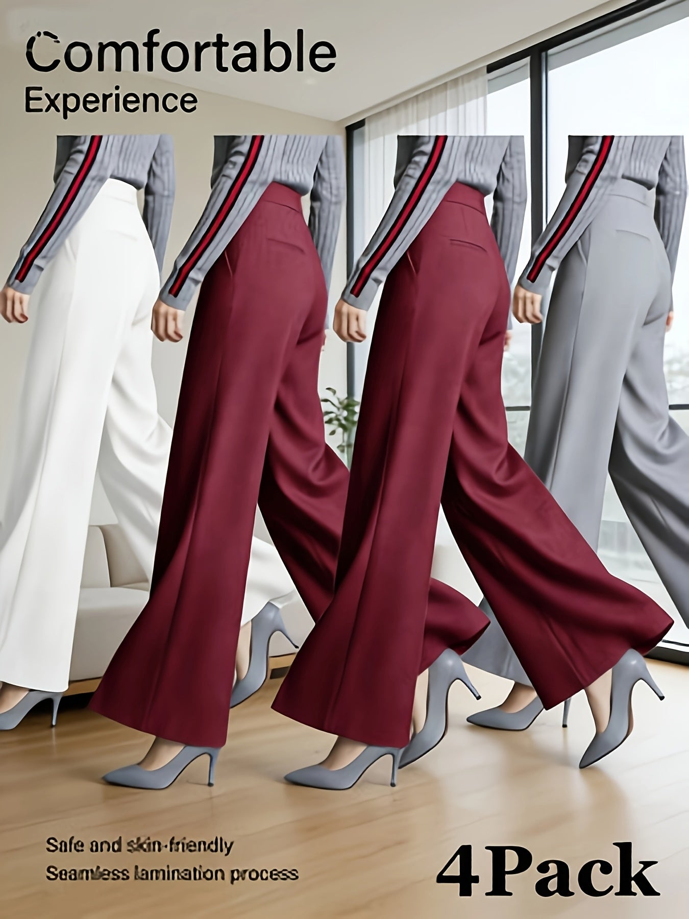 4 Pack, Dress Pants for Women Women'S High Waisted Wide Leg Business Casual Trousers with Pockets, Stretchy Comfortable Work Pants for Office, Commute, Daily Wear, Skin-Friendly Seamless Ladies Straight Leg Pa 4-Way Stretch Women'S Suit Pants