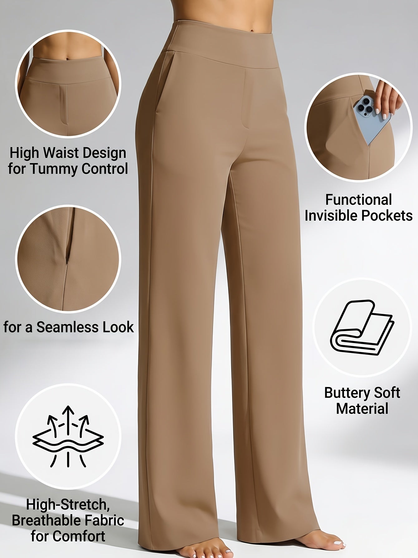 2pcs Women's High Waist Solid Color Wide Leg Pants with Double Pockets, Butt Lifting Slim Fit Trousers, Lightweight Breathable Skin-Friendly Fabric, Versatile for Office Work Daily Streetwear