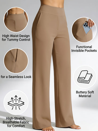 2pcs Women's High Waist Solid Color Wide Leg Pants with Double Pockets, Butt Lifting Slim Fit Trousers, Lightweight Breathable Skin-Friendly Fabric, Versatile for Office Work Daily Streetwear