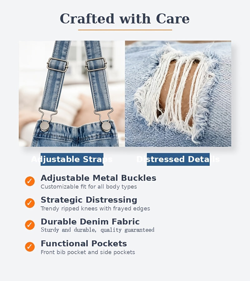[Ripped Denim Jumpsuit] These Items Run Small; Please Check The Size Chart Before Ordering.New Style Sports Double-Shoulder Strap Ripped Denim Jumpsuit, Suitable For Weekend Outings And Easy Commuting, Fashionable And Comfortable!
