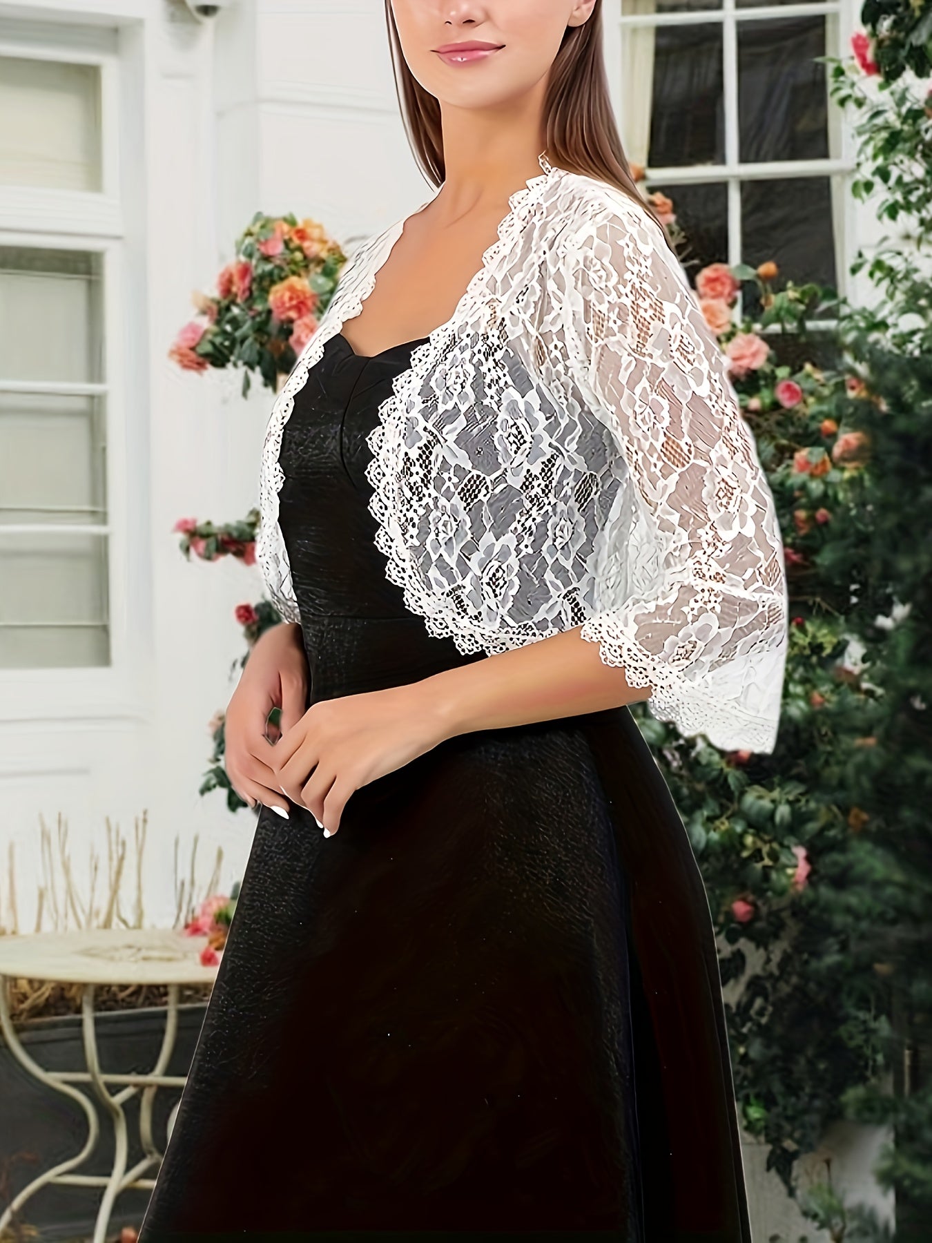 Women's Elegant Lace Cardigan - Semi-Sheer Floral Wedding shawl, Lightweight Bridal Shawl for Bridesmaids, Half-Sleeve Open Front Closure, Formal Party Wrap in, Perfect for Weddings, Proms, Galas - Bridal Party Accessory, Semitransparent Fabric, Prom Acce