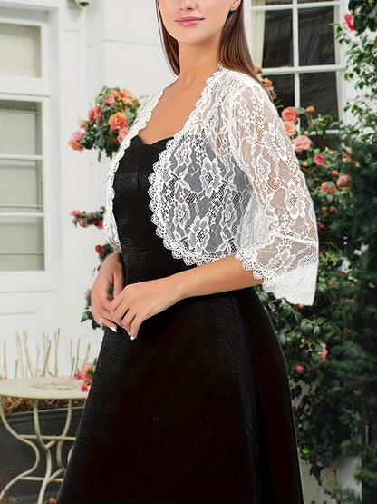Women's Elegant Lace Cardigan - Semi-Sheer Floral Wedding shawl, Lightweight Bridal Shawl for Bridesmaids, Half-Sleeve Open Front Closure, Formal Party Wrap in, Perfect for Weddings, Proms, Galas - Bridal Party Accessory, Semitransparent Fabric, Prom Acce