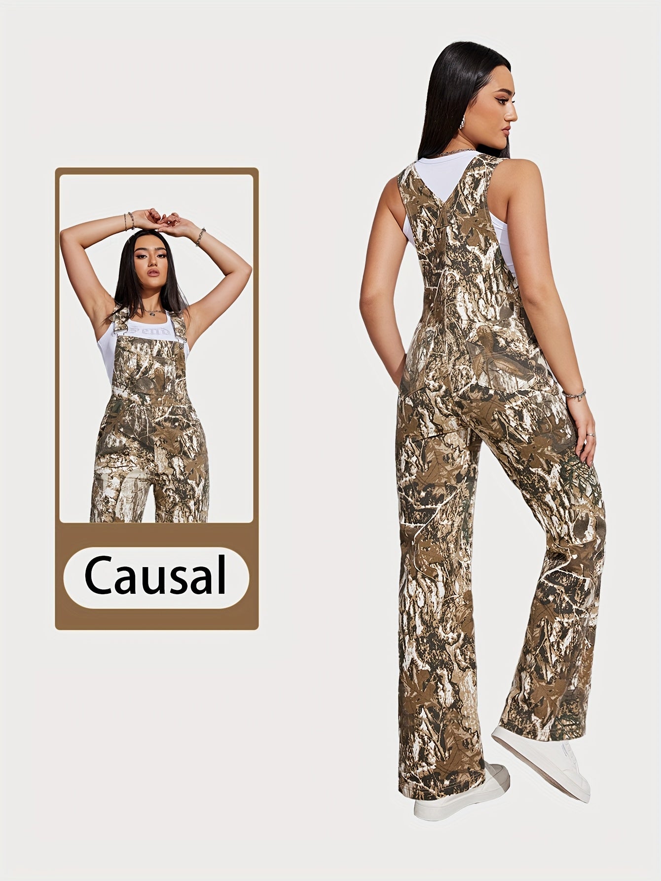 Adjustable-Length Camouflage Cargo Overalls for Women, Featuring a Trendy Design for Spring And Autumn, with Pockets And No Stretch