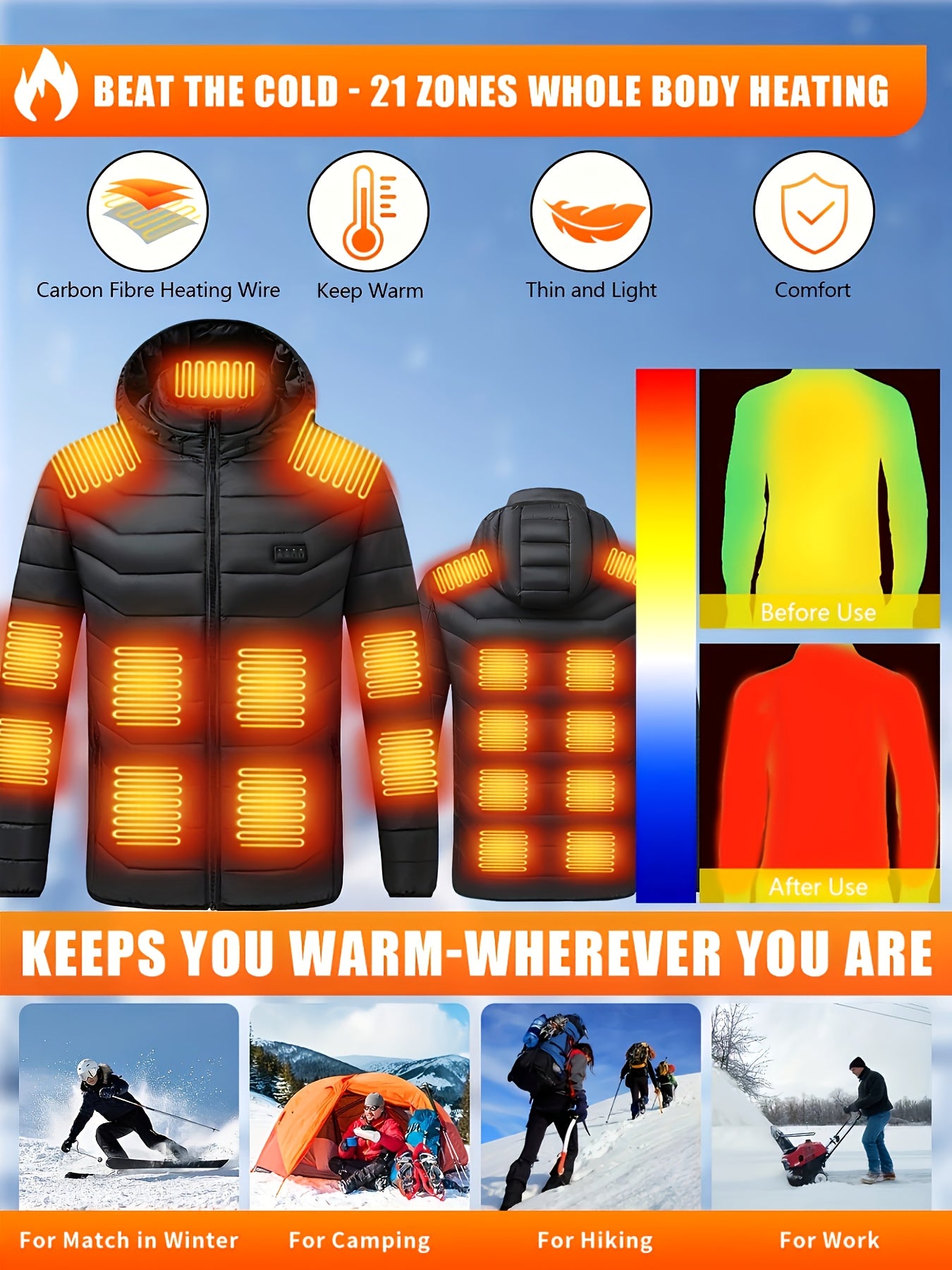 Men'S And Women'S Heated Clothes, 21-Zone Multi-Directional Heating System, Recommended for Going Out to Against Wind And Cold, Outdoor Cycling And Skiing, Casual Fashion Fashion, Warm Winter, USB Power Supply, Power Bank Not Included