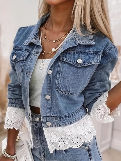 Plus Size Women's Casual Short Denim Jacket with Lace Trim - Machine Washable Spring/Fall Layering Piece, Contrast Lace Edging & Classic Denim Design for Everyday Outfits, Casual Wear Jacket | Plus Size Fashion | Stylish Contrasts