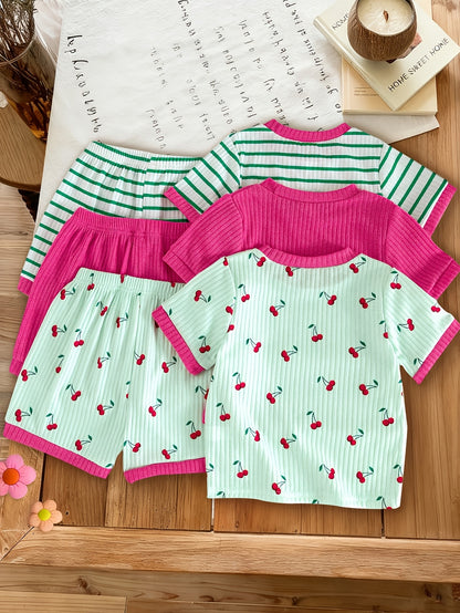 6pcs Set Of Girls' Summer New Cherry Fruit Pattern Short-sleeve And Shorts Comfortable Outfit, Perfect for Outdoor
