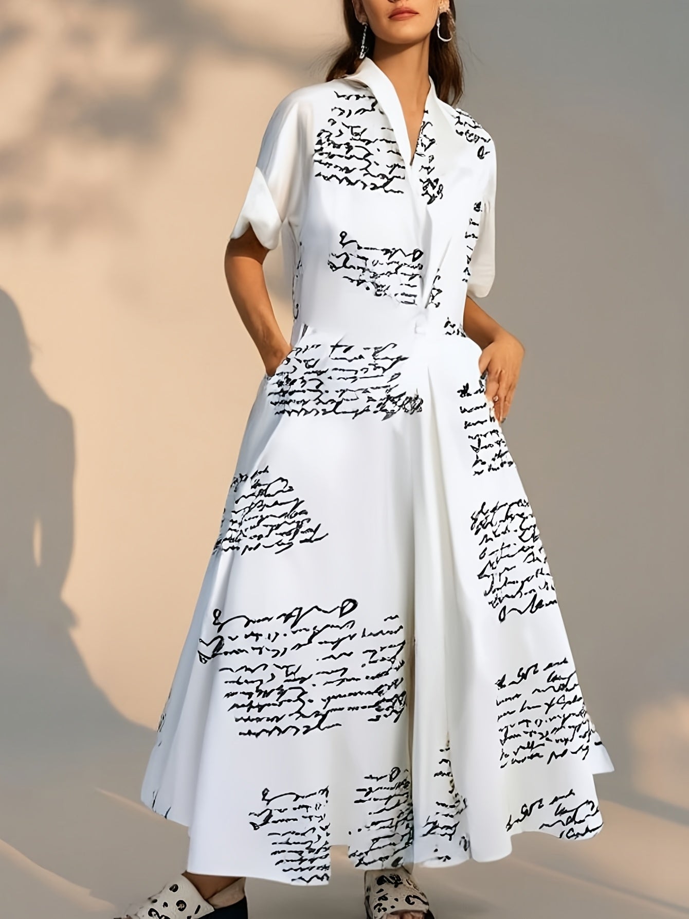Women's Commuter Fashion POLO Neck Lining Long Sleeve Clothes Elastic Waist Large Swing Letter Printed Dresses