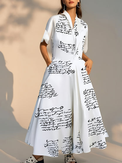 Women's Commuter Fashion POLO Neck Lining Long Sleeve Clothes Elastic Waist Large Swing Letter Printed Dresses