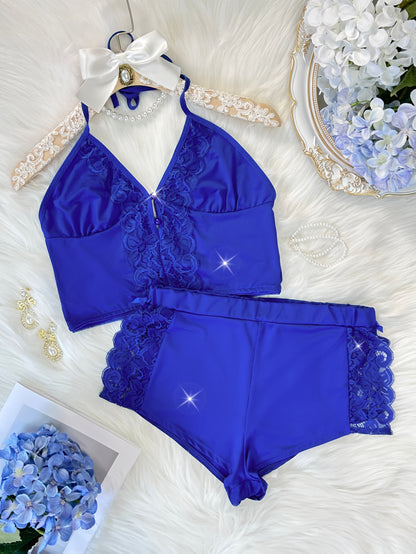 Spring/Summer New Gift Set: Solid Color Lace Trim Halter Neck Tie-Back Button-Up Open-Back Lace Trim Soft Skin-Friendly Sexy Home Sleepwear Set