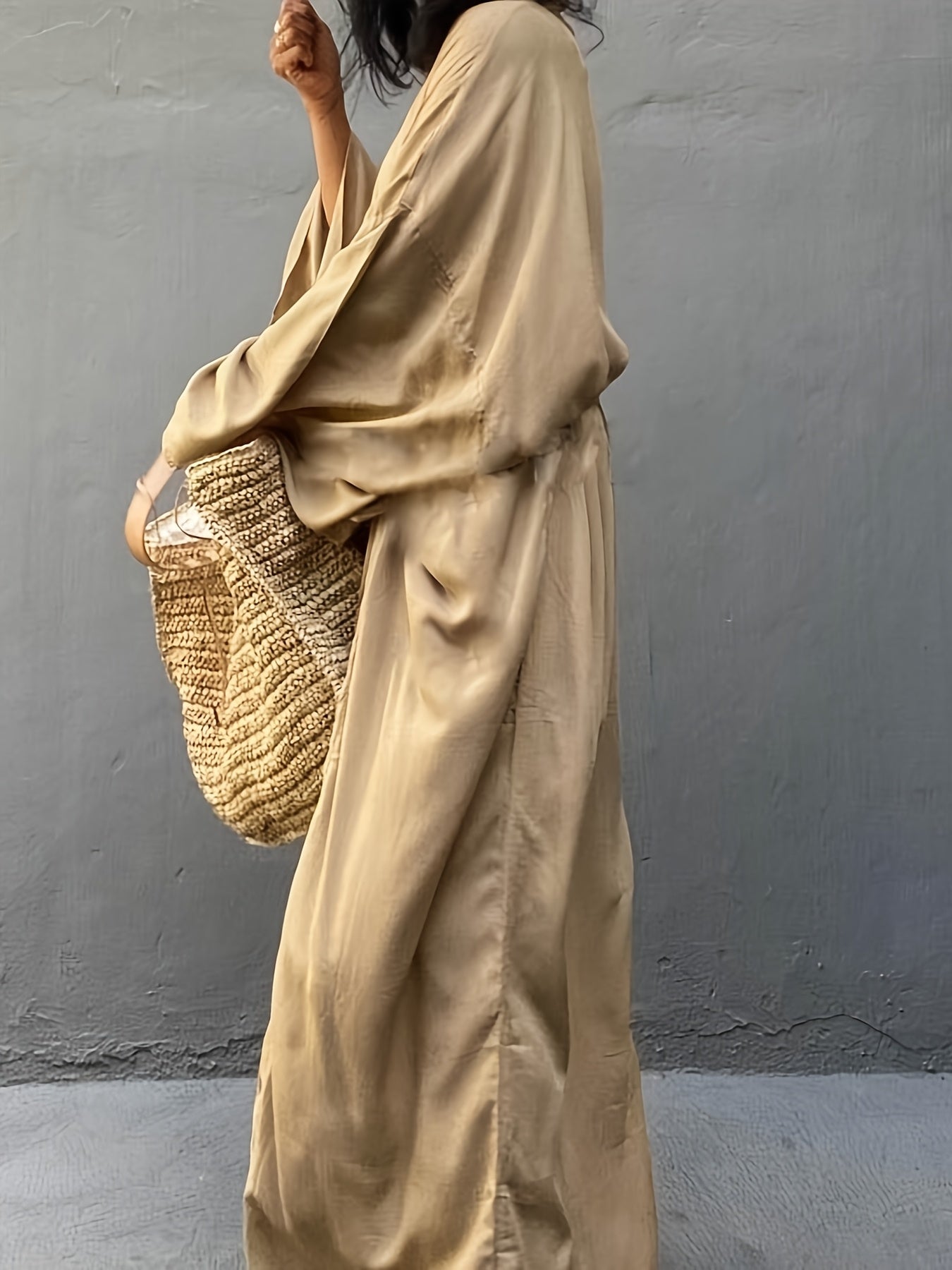 Women's Beige Kimono Cardigan - Casual V-Neck, Long Sleeve with Tie Waist, Lightweight Beach Cover-Up Dress, Breathable & Semi-Sheer for Vacation Layering, Casual Layering Piece|Flowing Beachwear|Breathable Fabric