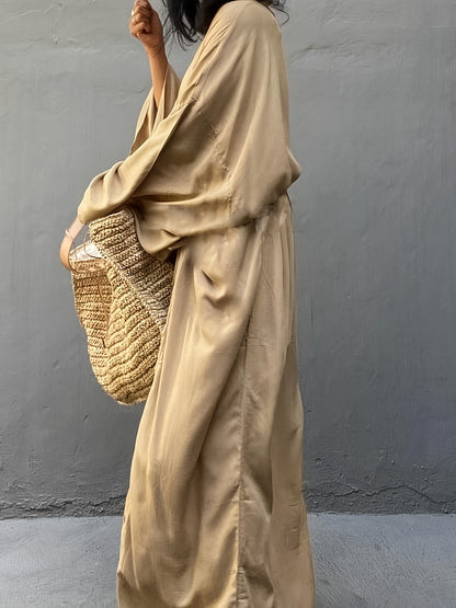 Women's Beige Kimono Cardigan - Casual V-Neck, Long Sleeve with Tie Waist, Lightweight Beach Cover-Up Dress, Breathable & Semi-Sheer for Vacation Layering, Casual Layering Piece|Flowing Beachwear|Breathable Fabric