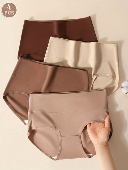4pcs Fashionable Maillard Solid Color Underwear Pure Soft Light -Friendly Breathable Briefs Mid-Waist Women'S Underwear