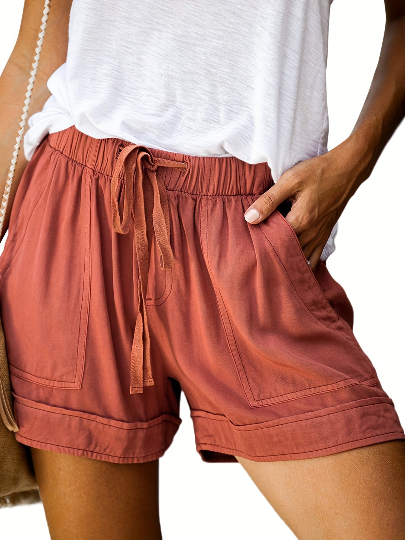 Women'S Comfy Drawstring Casual Elastic Waist Pure Color Shorts Summer Beach Lightweight Short Pants with Pockets