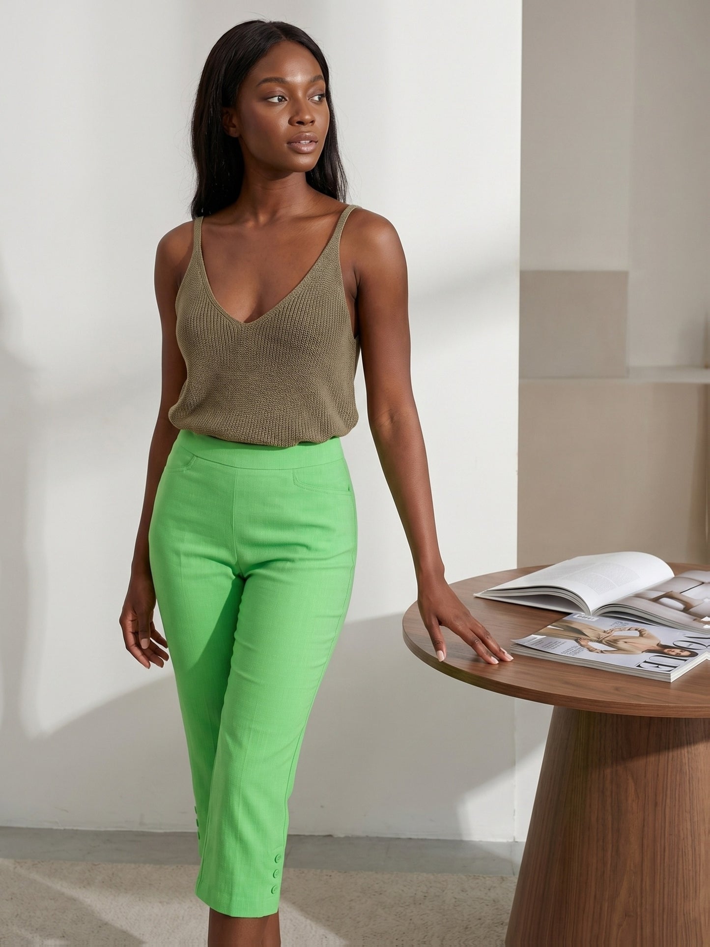 Women'S High-waisted Slim-fitting Capri Pants, Suitable For, Work And Daily Wear, With Pockets