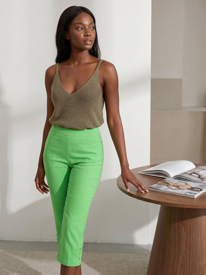 Women'S High-waisted Slim-fitting Capri Pants, Suitable For, Work And Daily Wear, With Pockets