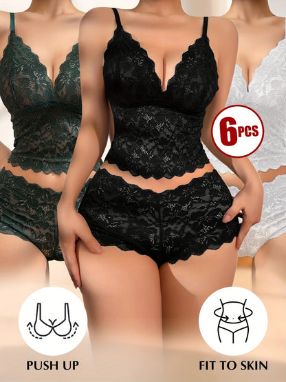 6pcs Women's Sexy Transparent Floral Lace Pajama Lingerie Set High Waisted Pajamas Breathable Sexy Erotic Bra And Panties Six Piece Pajama Set, All The Romantic Style!,