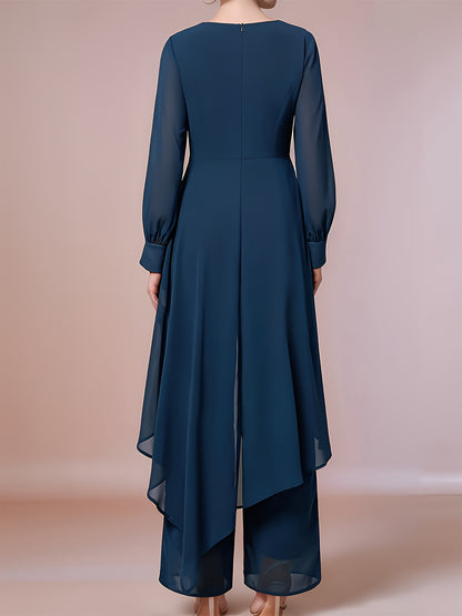 Ladies' Elegant Two-piece Set, Fashionable Chiffon Top with Flowing Sleeves, Wide-leg Pants, And Stylish Accessories - A Must-have Party Dress Pants Set for All Seasons.