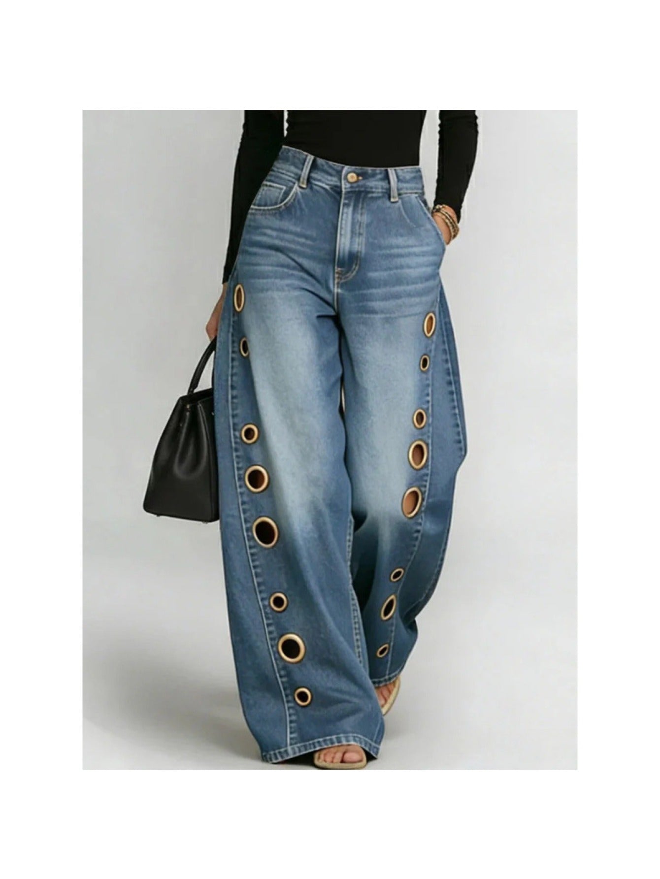 [Casual High-Waisted Jeans] New Women's Jeans 2026 with Metallic Eye Design - Casual Loose High-Waisted Wide Pants for Women