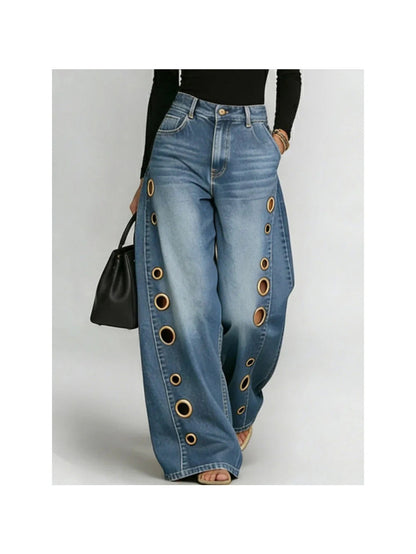 [Casual High-Waisted Jeans] New Women's Jeans 2026 with Metallic Eye Design - Casual Loose High-Waisted Wide Pants for Women