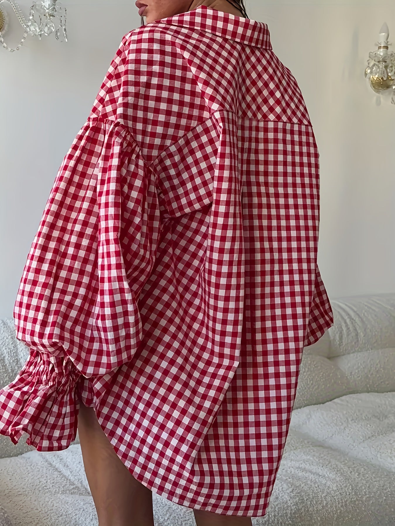 Plus Size - Plus Size - Oversized Red And White Gingham Shirt: Flared Puff Sleeves, Point Collar, Button-Front. Ideal for Casual Layering And Retro Chic Looks