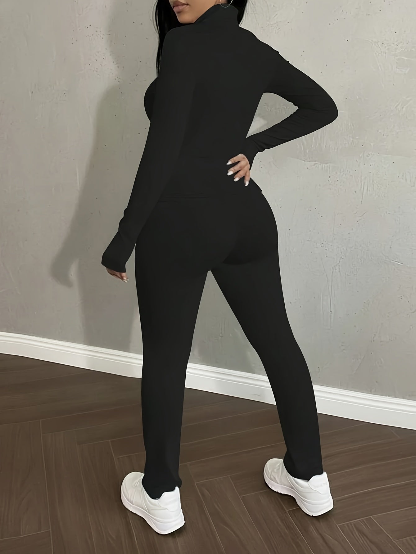 Women'S 2pcs Solid Color Fitted Sports Set Zipper Jacket & Pants Spring Autumn Yoga Workout Wear