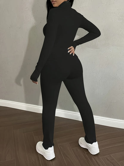 Women'S 2pcs Solid Color Fitted Sports Set Zipper Jacket & Pants Spring Autumn Yoga Workout Wear