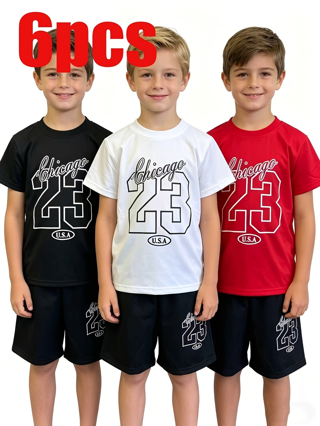 6pcs Boys' Breathable, Comfortable, And Stylish Printed Round-neck Short-sleeve And Shorts Set - Spring/Summer/Autumn Casual Wear, Leisurewear | Sporty Style | Stretchy Fabric, Suitable for Outdoor, Perfect for Outdoor