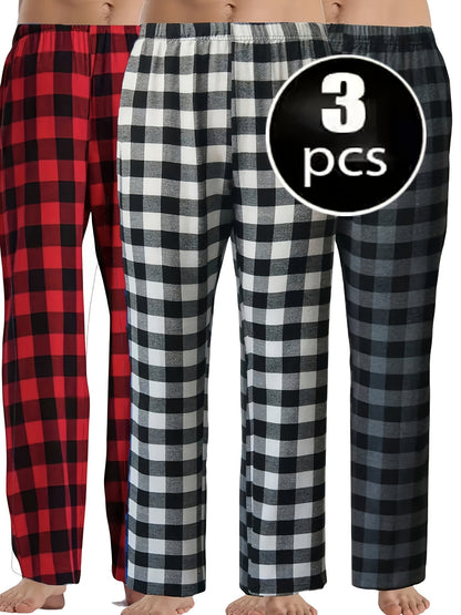 Spring And Summer 3pcs Men's Comfortable Sleep Pants Plaid Long Pants Spring And Autumn Lightweight Soft Home Pants 3pcs Pajama Set Four Seasons Elastic Waist Pajamas Long Home Pants