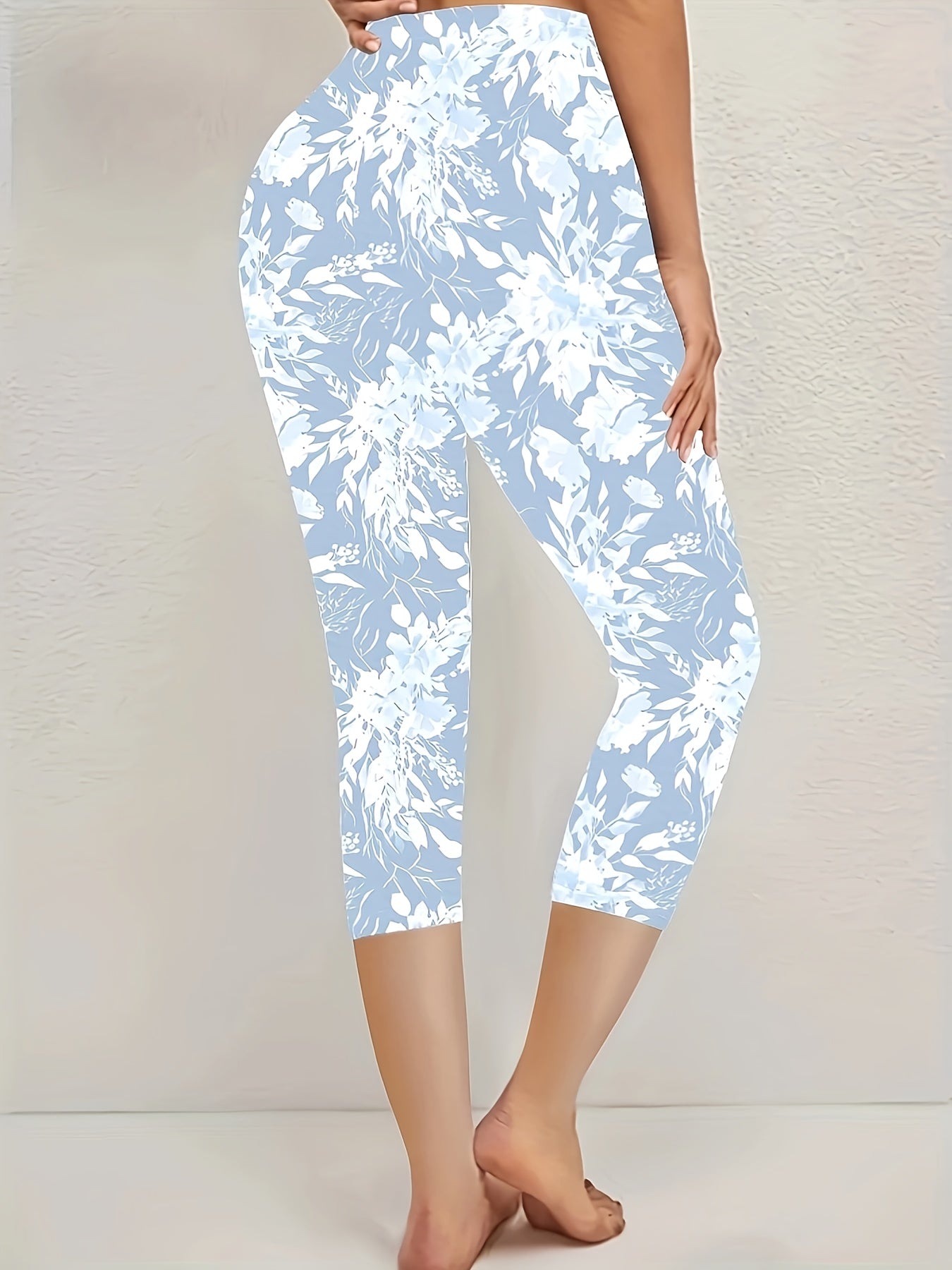 Plus Size - Plus Size - Plus Size - Floral Pattern Leggings for Plus Sizes - Stylish Slim Jeans Featuring White And Light Blue Floral Patterns, Flexible Fabric for Year-Round Comfort, Beach-Inspired Style