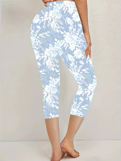 Plus Size - Plus Size - Plus Size - Floral Pattern Leggings for Plus Sizes - Stylish Slim Jeans Featuring White And Light Blue Floral Patterns, Flexible Fabric for Year-Round Comfort, Beach-Inspired Style