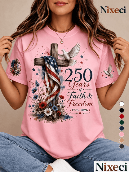 Women'S Fashion T-Shirt with Wooden Cross Flag Dove Flower And Star Print, Summer Casual Vacation Loose Fit Short Sleeve Top