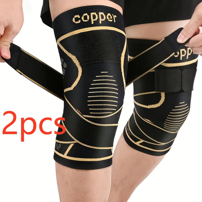 2 Copper Knee Pad with Straps - Black Compression Sleeve for Stability, Nylon Blend, Modern Design, Strap Closure, Comfortable And Durable, Suitable for Daily Activities