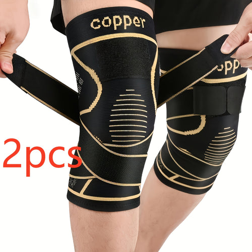 2 Copper Knee Pad with Straps - Black Compression Sleeve for Stability, Nylon Blend, Modern Design, Strap Closure, Comfortable And Durable, Suitable for Daily Activities