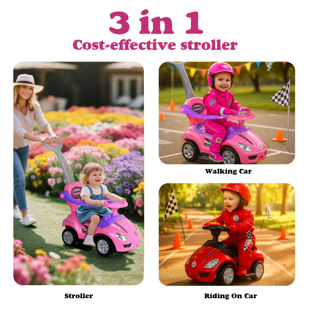 3-in-1 Kids Ride-On Push Car - Ride-on, walker and push-cart modes with music