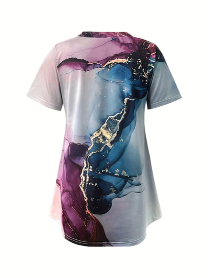 Women's Casual Short Sleeve T-Shirt - Artistic Floral Print, Relaxed Fit, Machine Washable, Spring Summer Fall Versatile Top, Casual Attire | Durable Print Shirt, Ladies T Shirts