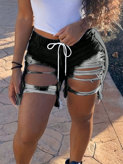 Ladies' Fashionable Ripped Denim Shorts, Mid Waist Straight Leg Pants, Waist Drawstring Design, Frayed Edges with Pockets, Summer Casual Wear