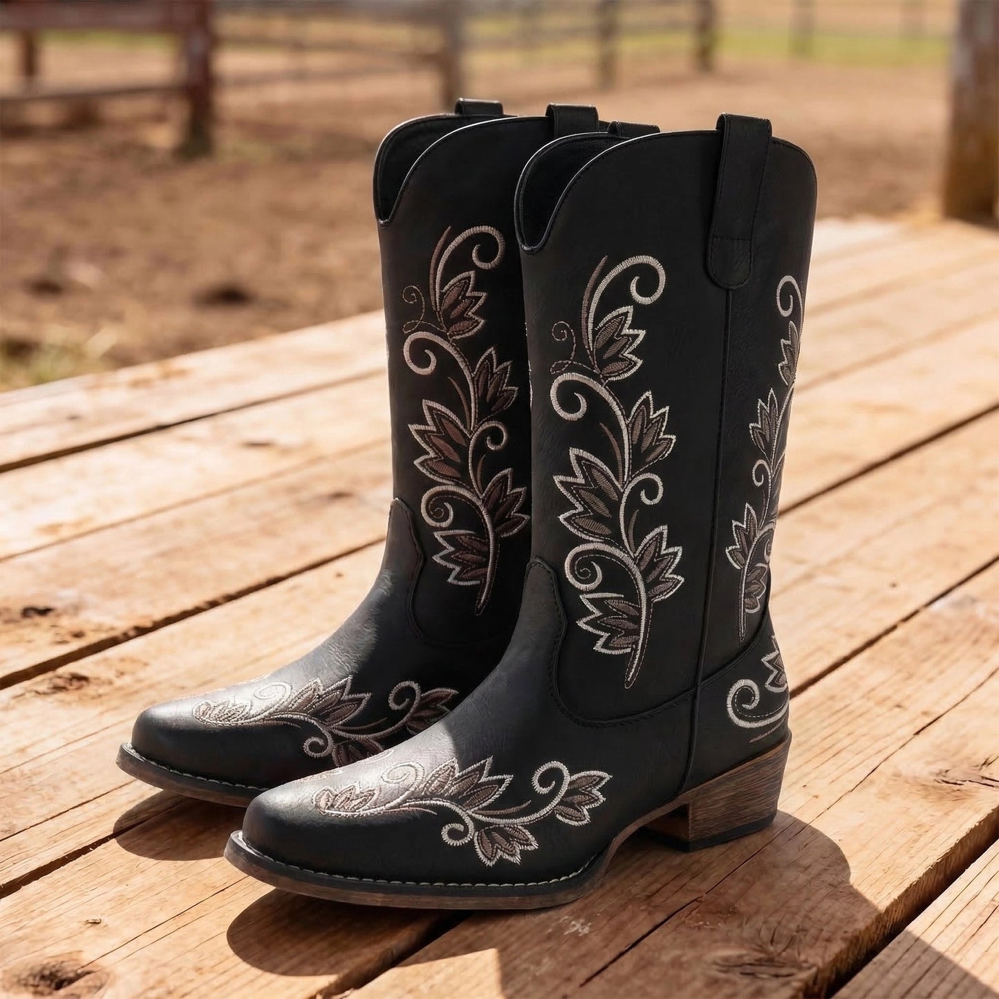Women'S Cowboy Cowgirl Western Mid Calf Boots Square Toe Embroidered Stitched Pull on Country Boots with Low Chunky Heel Women Shoes