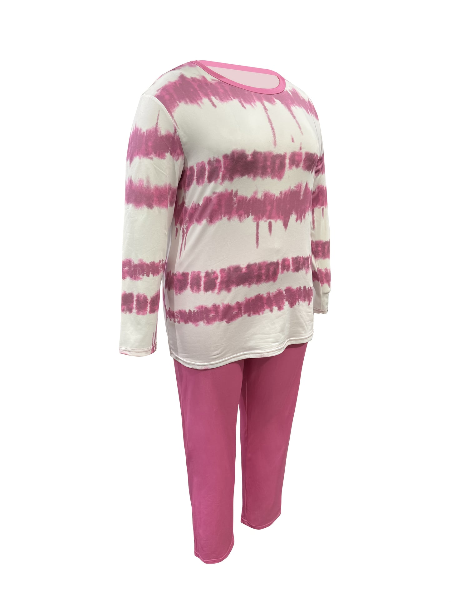 Plus Size - Plus-size Fashion Tie-dye Striped Print Long-sleeved Trousers Suit, Suitable For Going Out