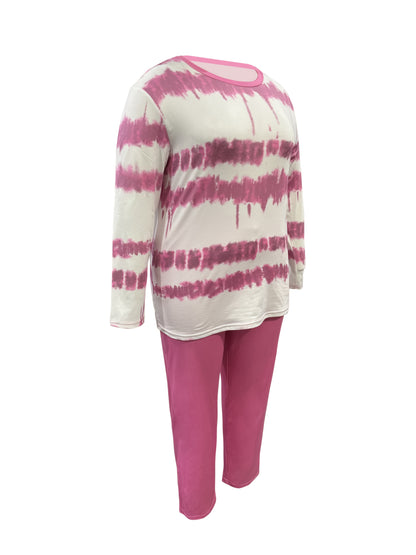 Plus Size - Plus-size Fashion Tie-dye Striped Print Long-sleeved Trousers Suit, Suitable For Going Out