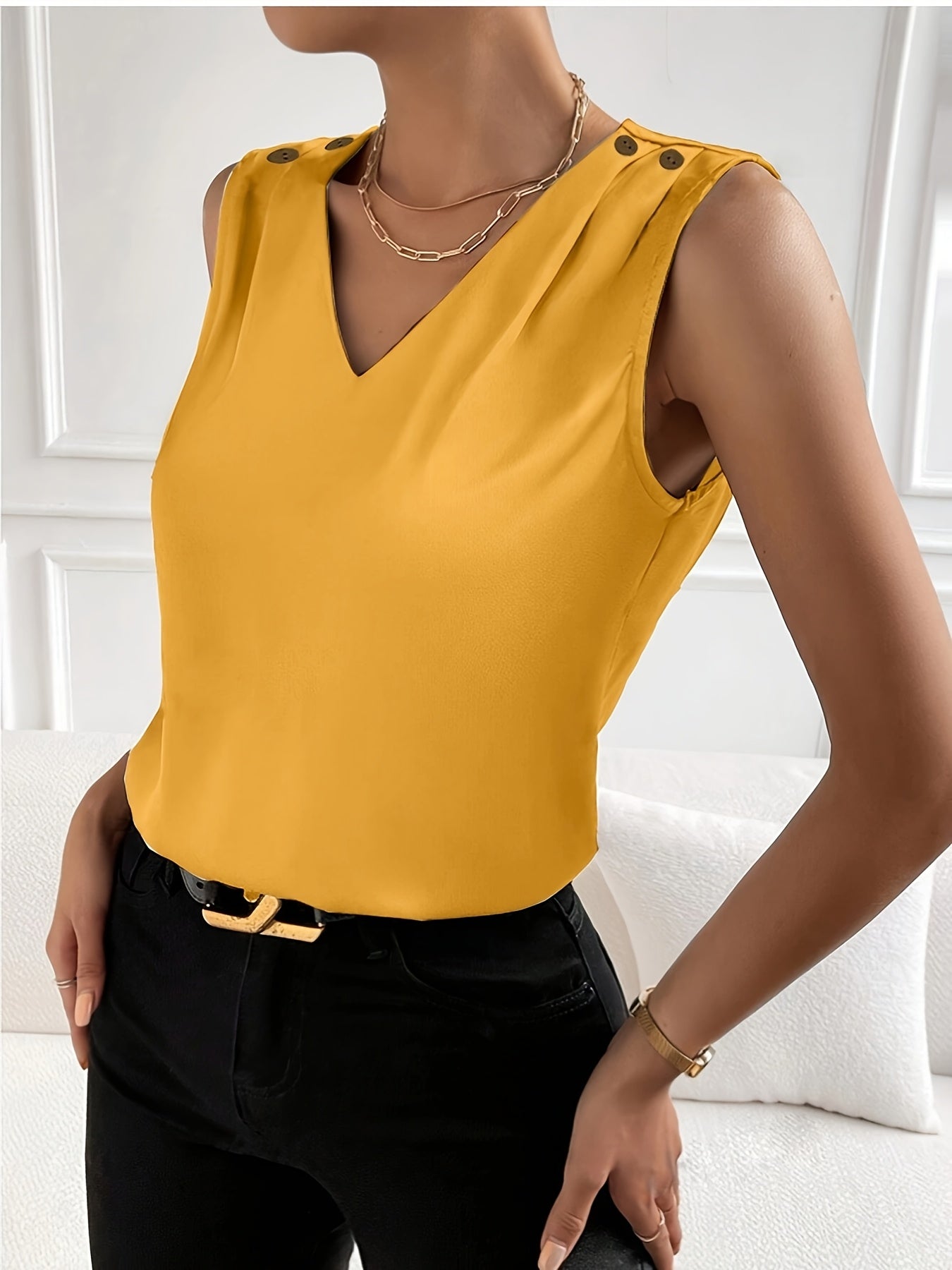 [Summer Tank Top] Solid V-Neck Easy Tank Top, Elegant Button Sleeveless Tank Top for Summer, Women's Clothing