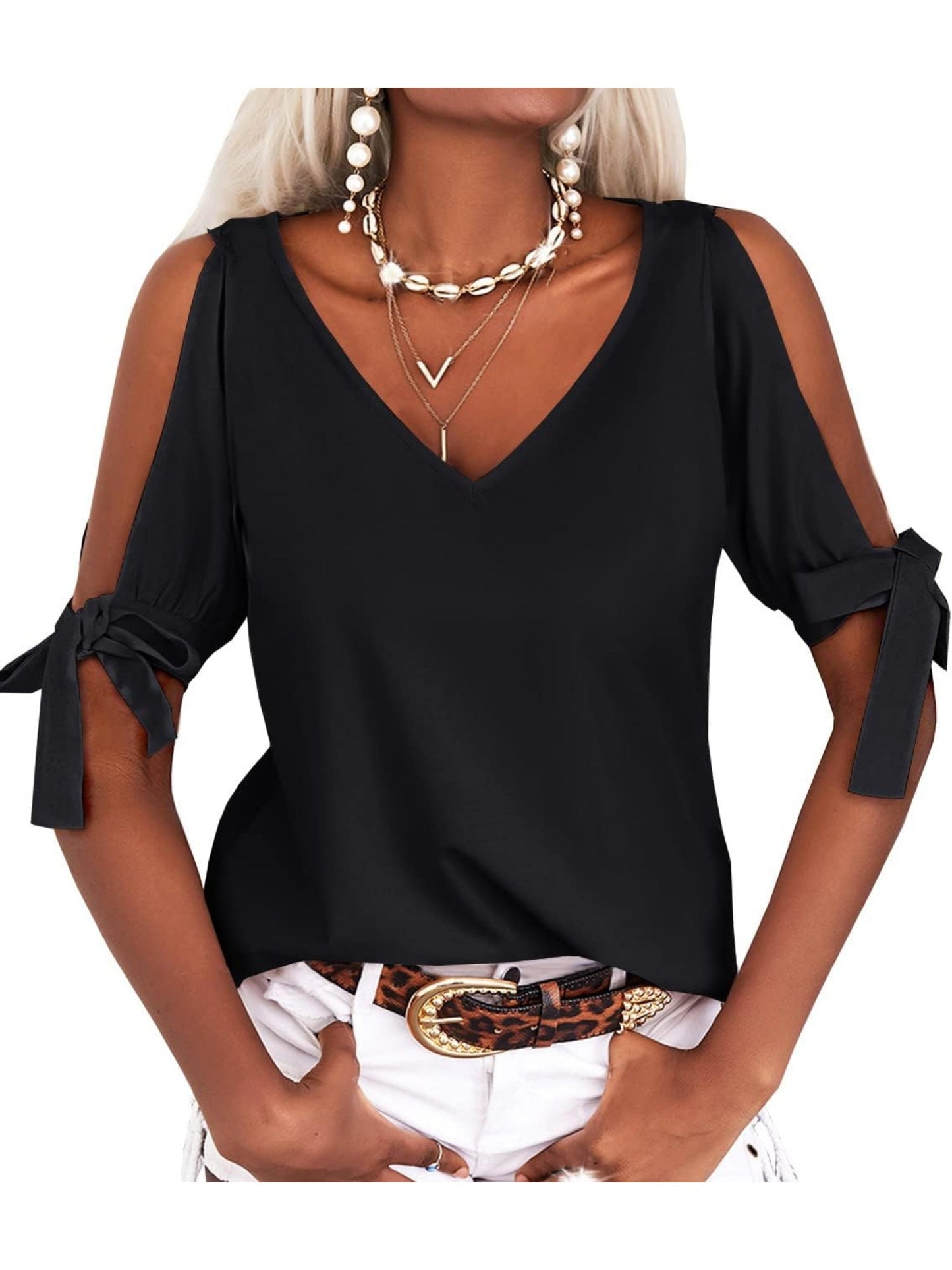 Women's Cold Shoulder Tops Short Sleeve V-Neck Casual Loose Cutout Summer Fashion Tshirts Blouse Shirts