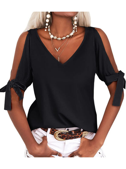 Women's Cold Shoulder Tops Short Sleeve V-Neck Casual Loose Cutout Summer Fashion Tshirts Blouse Shirts