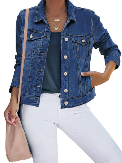 Women'S Retro-Wash Cropped Denim Jacket: Slim-Fit Button-Front Coat - Casual Everyday Denim Jacket, Perfect For Spring & Autumn Layering - Pairs Beautifully With Jeans, Dresses, And Skirts