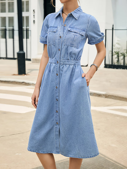 [Elegant Denim Dress] Elegant Denim Dress - Stylish Solid Color, Non-Stretch Fabric, Regular Fit with Pockets, Short Sleeve, Long Length, Spring/Summer/Fall Fashion