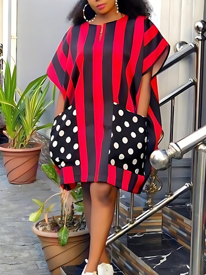 Fashion Striped Large Size Double Pocket Design Bat Sleeves Large Size Dress